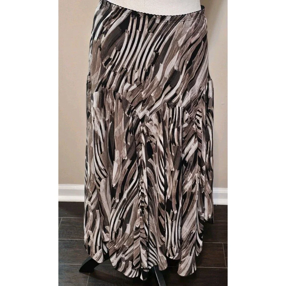 Susan Graver Printed Midi Skirt SZ Brown Black Abstract Asymmetrical Hem Lined